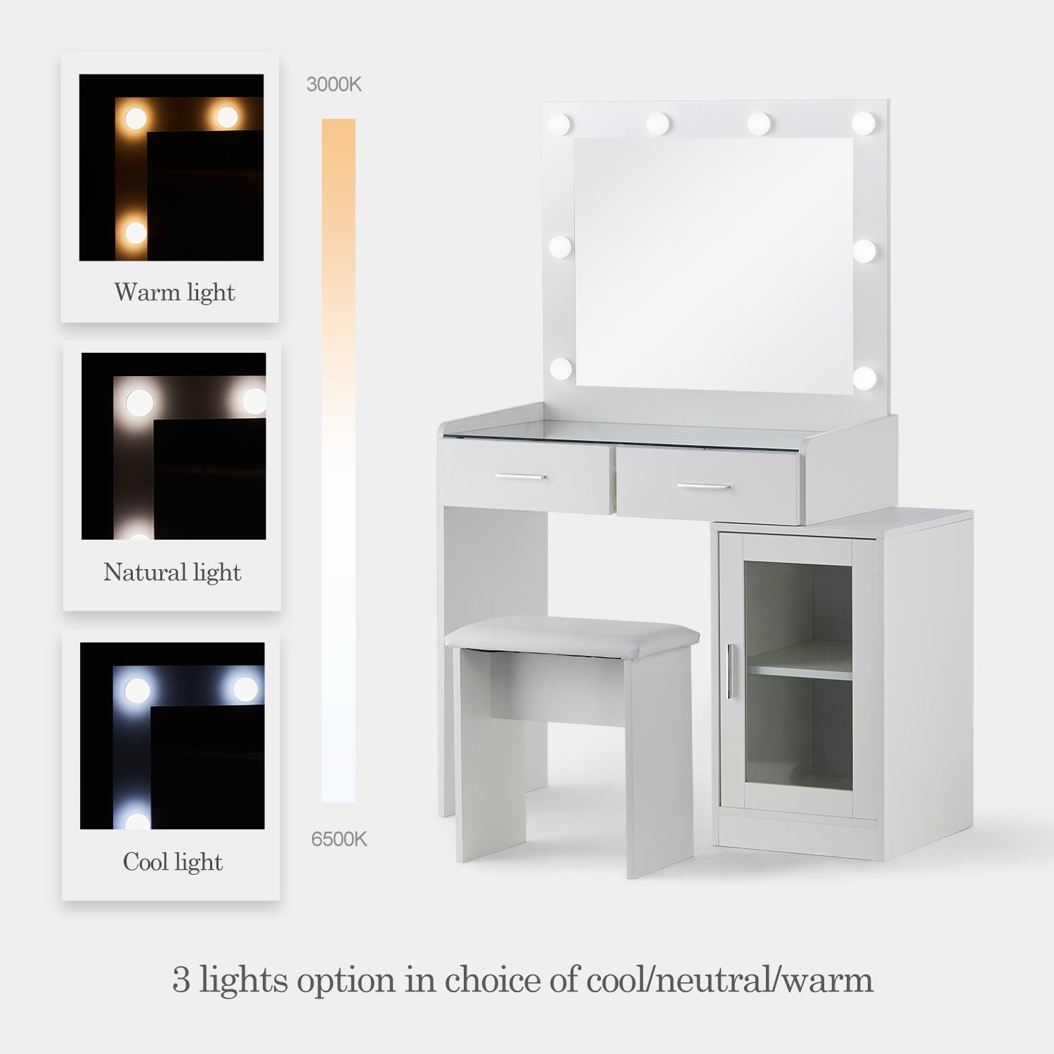 CLIPOP White Dressing Table Set With LED Lights Mirror And Large ...