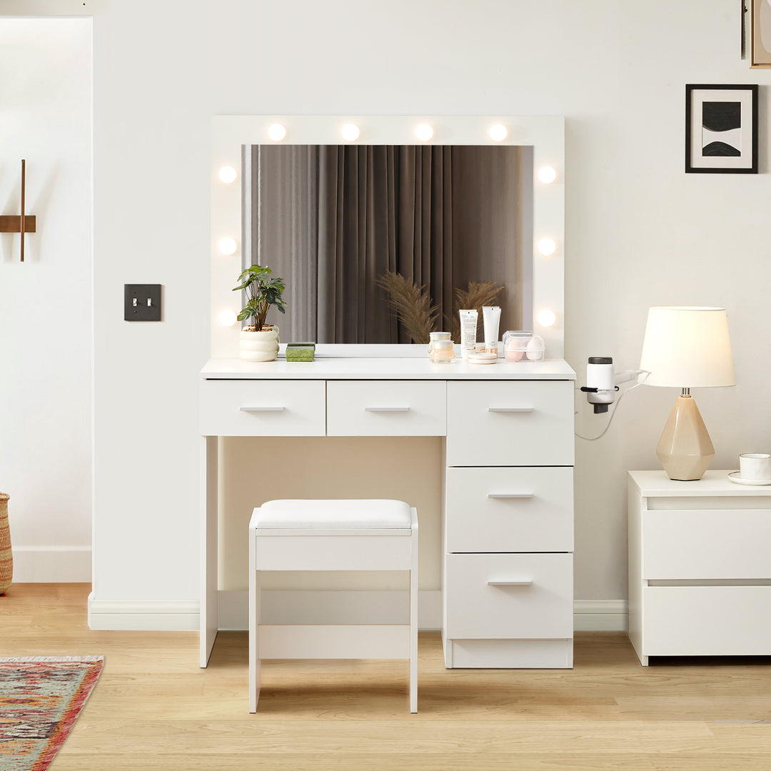 Hollywood White Dressing Table Set [5 Drawers][Outlet Equipped]