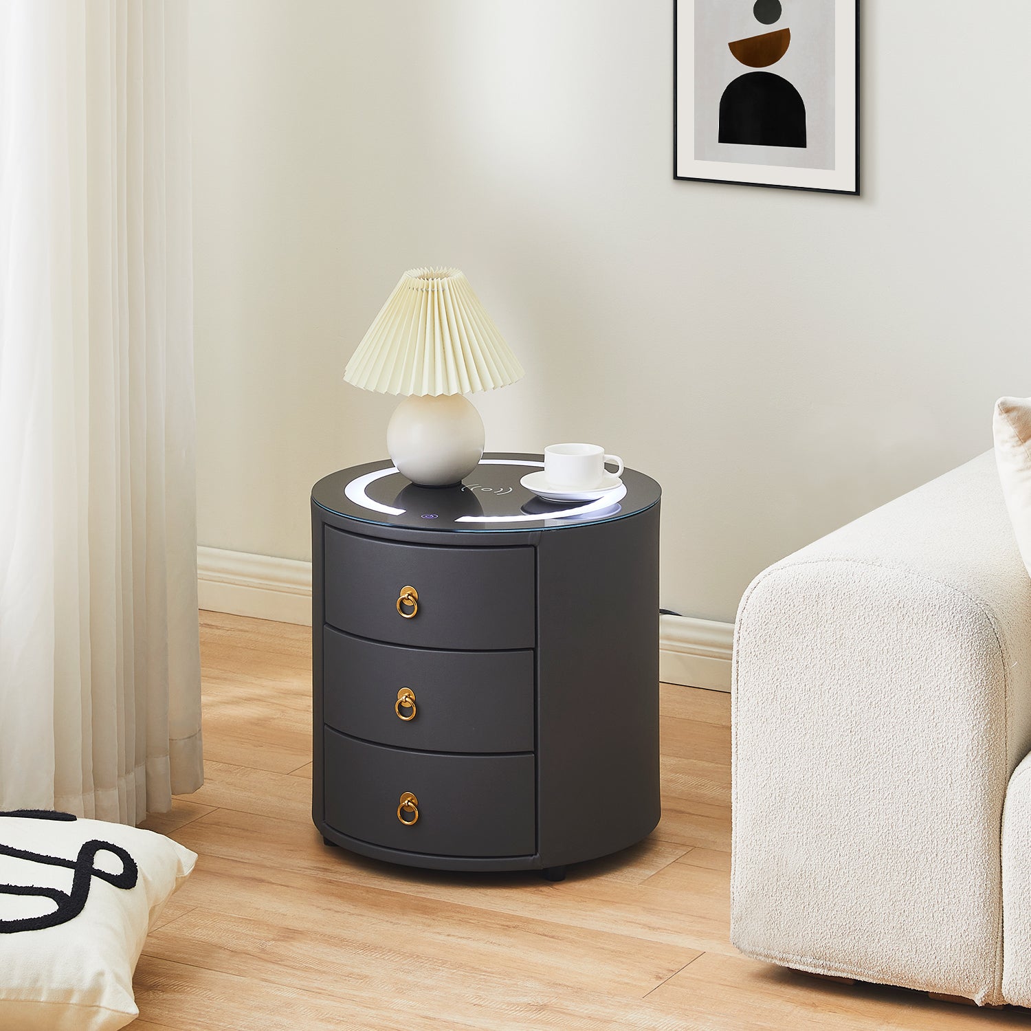 CLIPOP Led Lights Black Round Bedside Table with Charging Station 3 ...