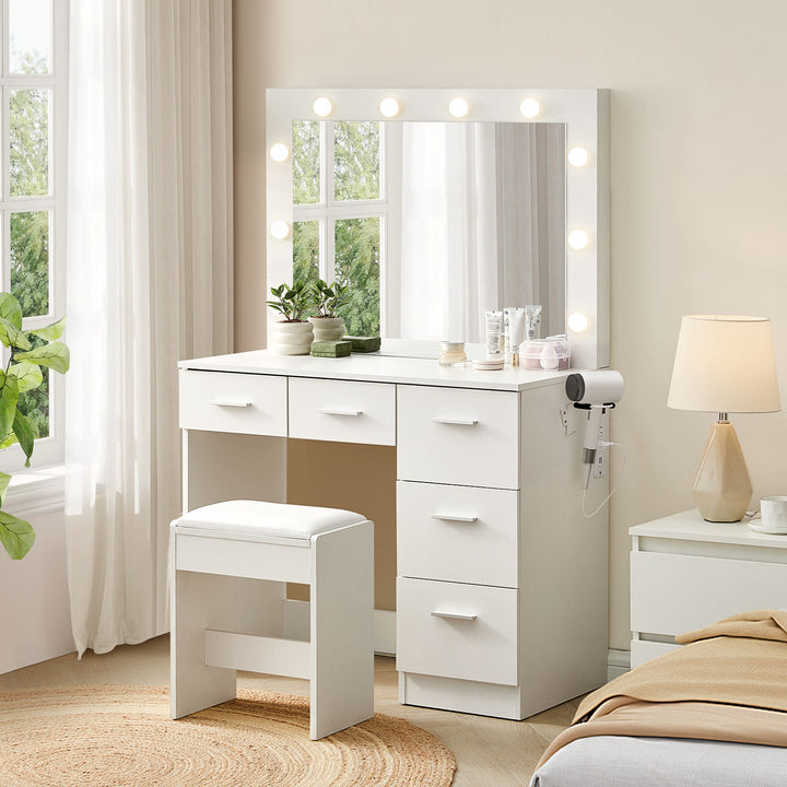 Hollywood White Dressing Table Set [5 Drawers][Outlet Equipped]