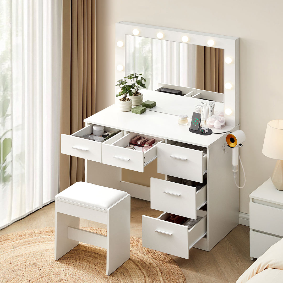 Hollywood White Dressing Table Set [5 Drawers][Outlet Equipped]