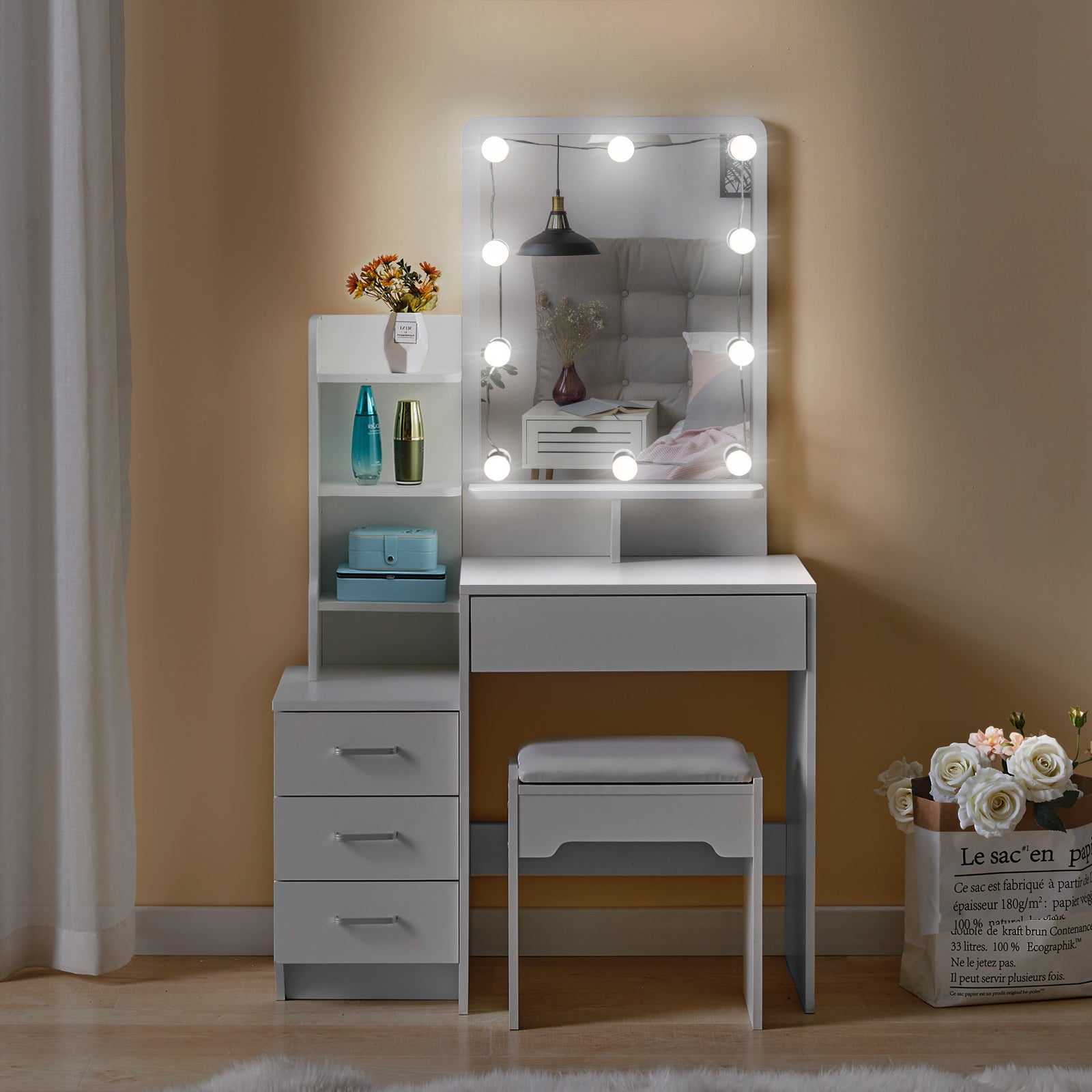 Makeup vanity table set deals with mirror and lights