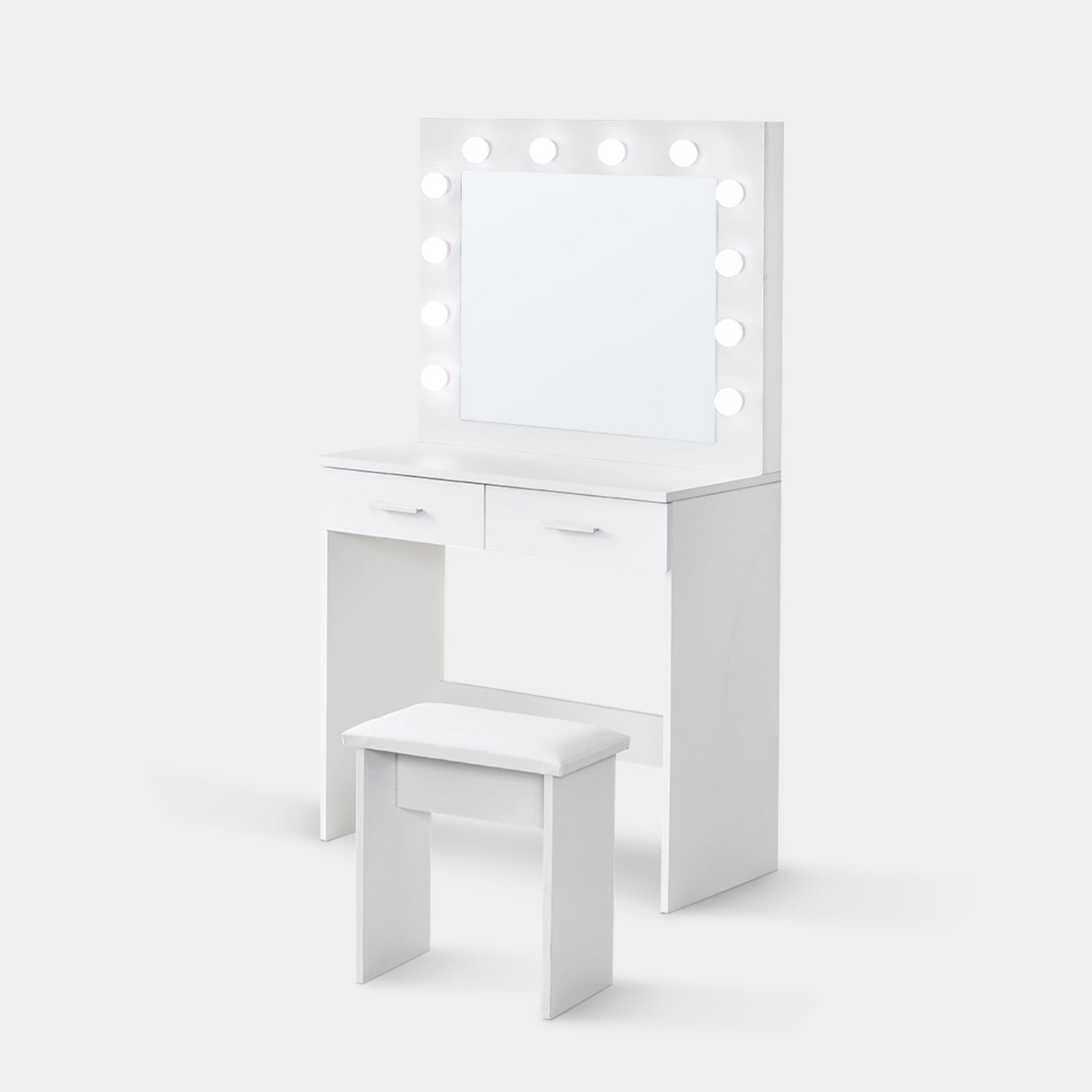 White vanity desk with deals mirror and lights