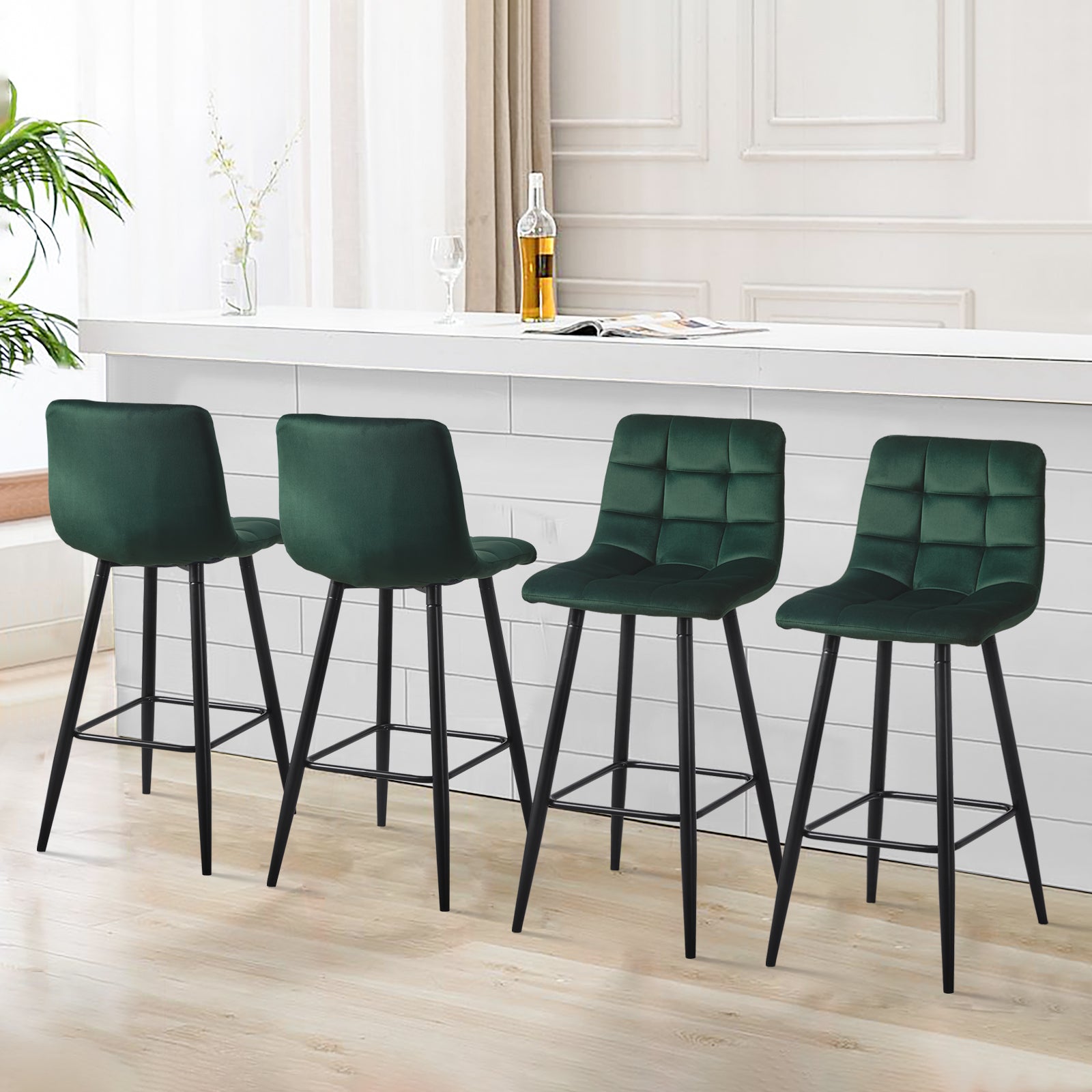 Set of 2 Christie Velvet Kitchen Counter Bar Stools with Back