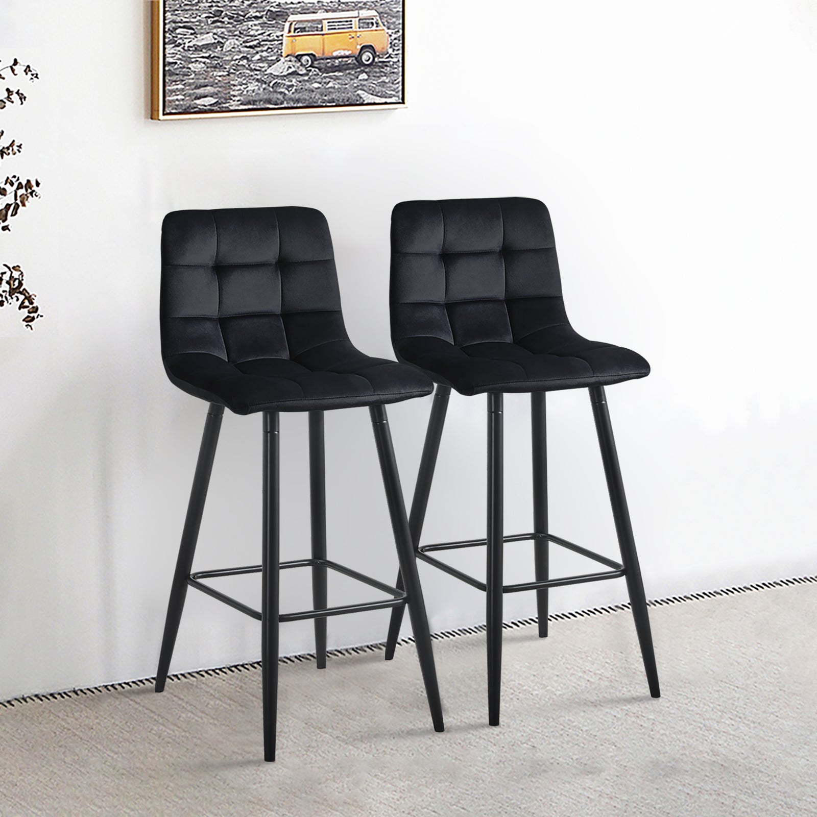 Set of 2 Christie Velvet Kitchen Counter Bar Stools with Back