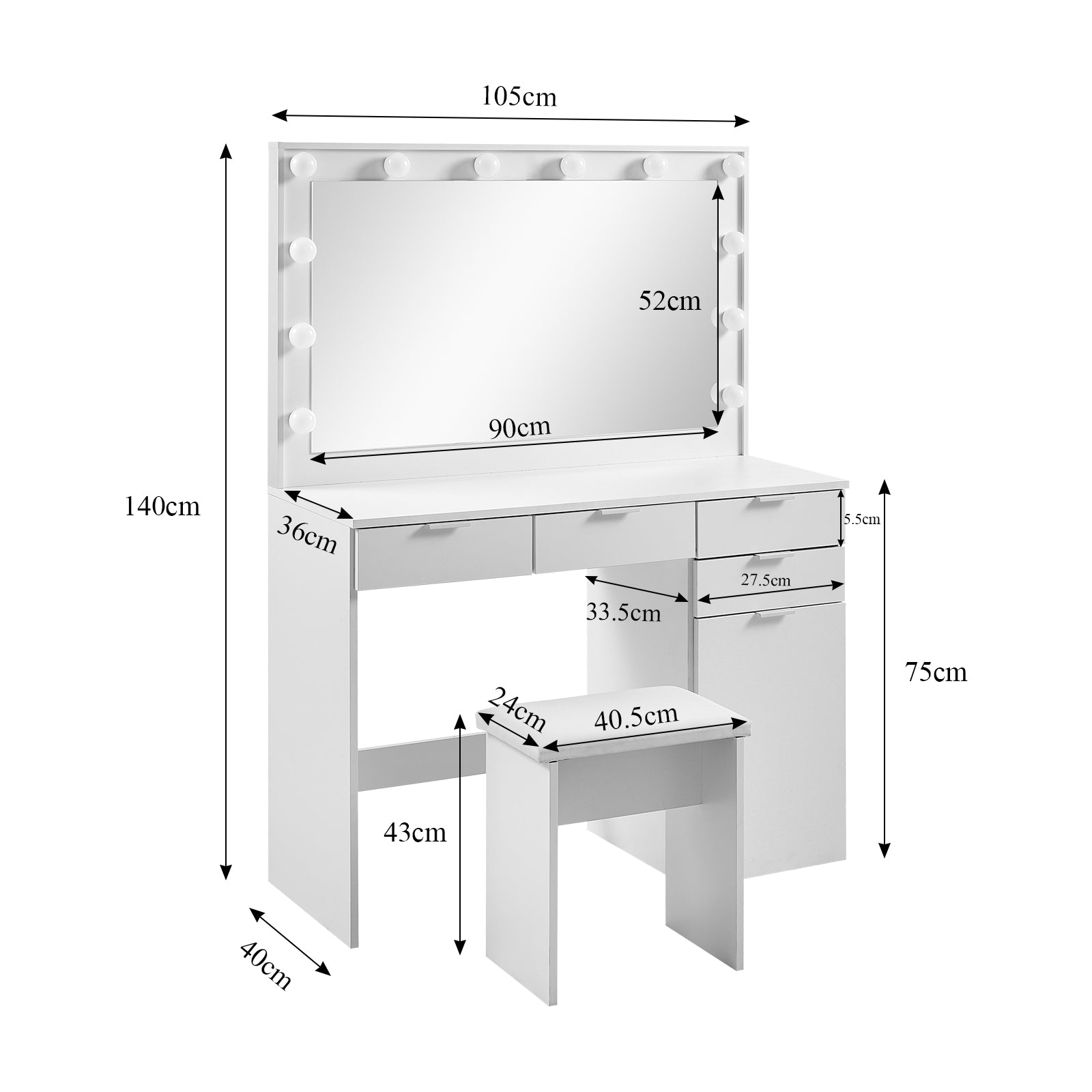 OXYLIFE Makeup Vanity Table Set with Sliding Lighted Mirror, 5 Drawers and  Storage Shelves, Dressing Table Desk with Stool,White - Walmart.com